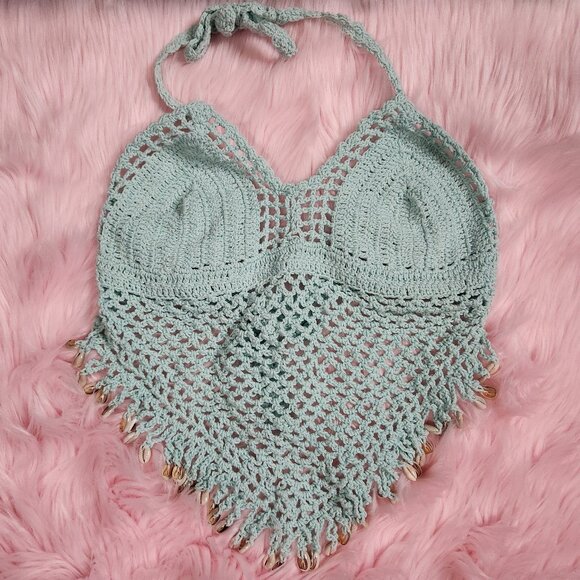 Island Planet Womens Small Blue Crochet Shells Halter Swim Top Cover - Picture 1 of 5